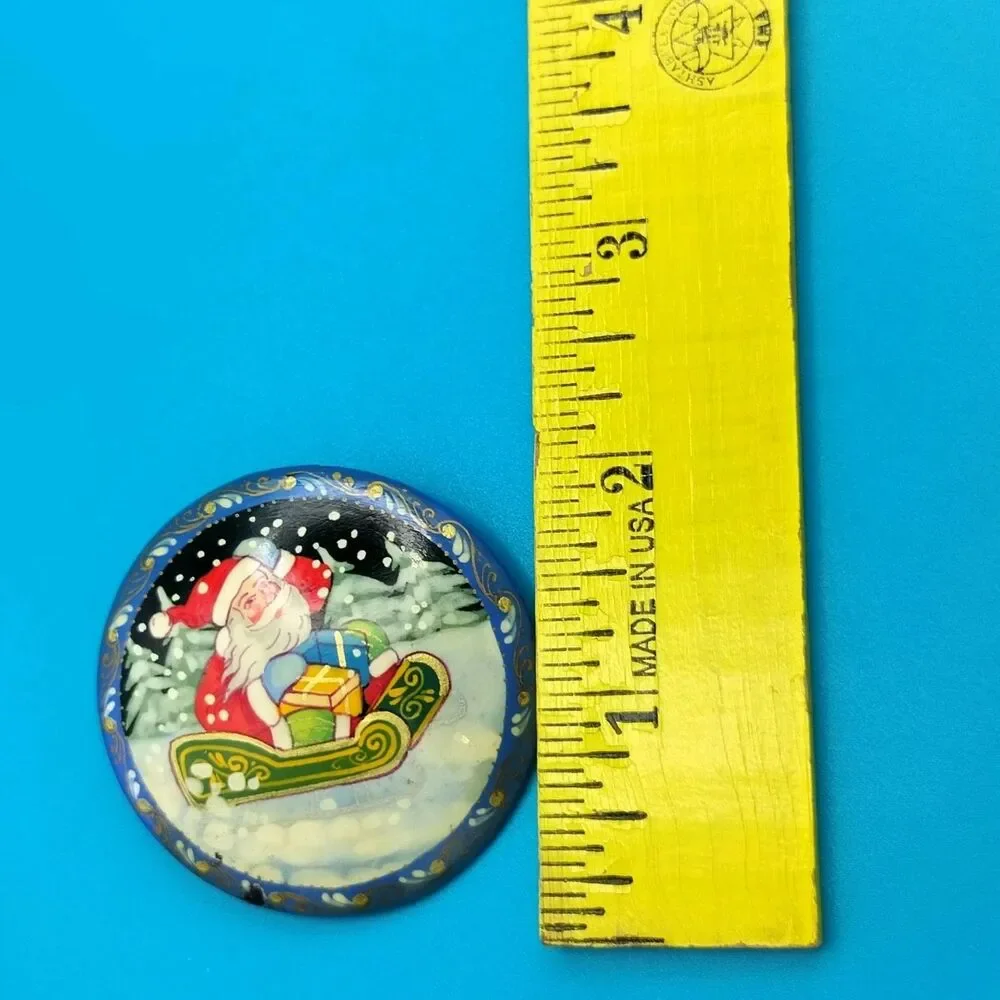 Santa Christmas VTG Hand painted Russian Brooch Pin Holiday Signed Lacquer
